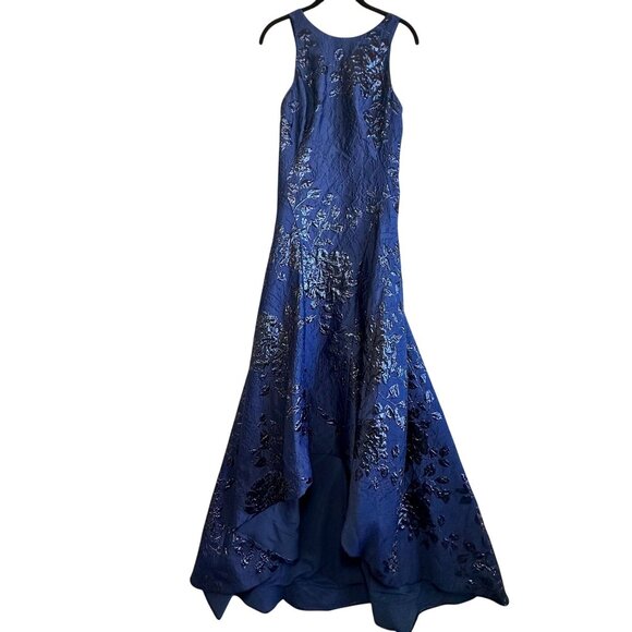 Teri Jon Rickie Freeman Blue Black Floral Jacquard High Low Gown Size 2 Dress - Picture 2 of 12